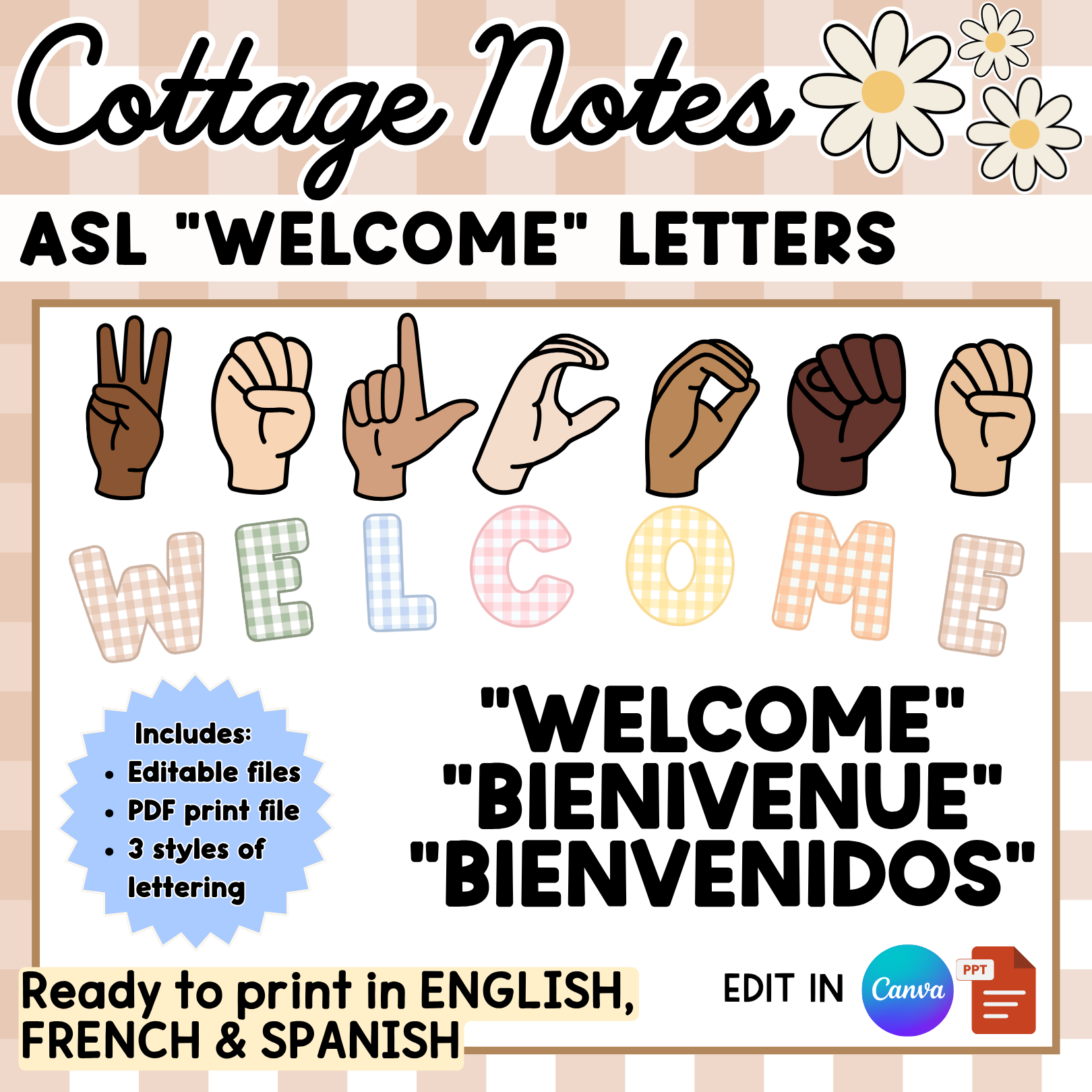 ASL WELCOME display | English, French & Spanish